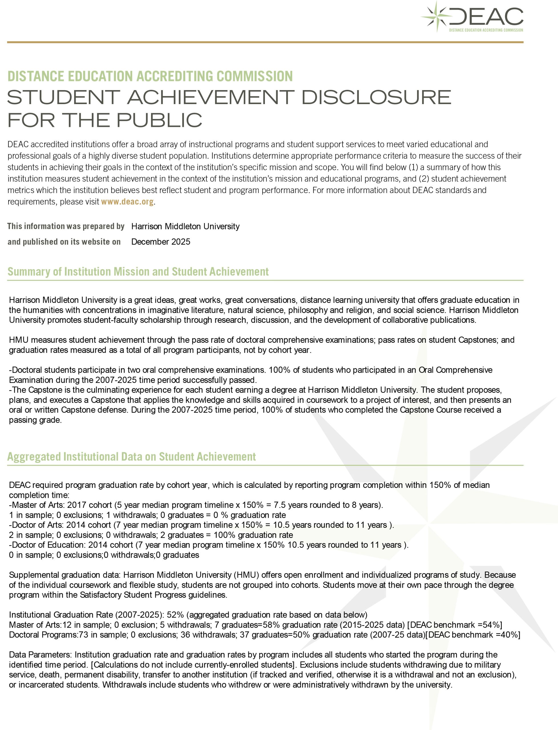 2025 DEAC Student Achievement Disclosure for the Public